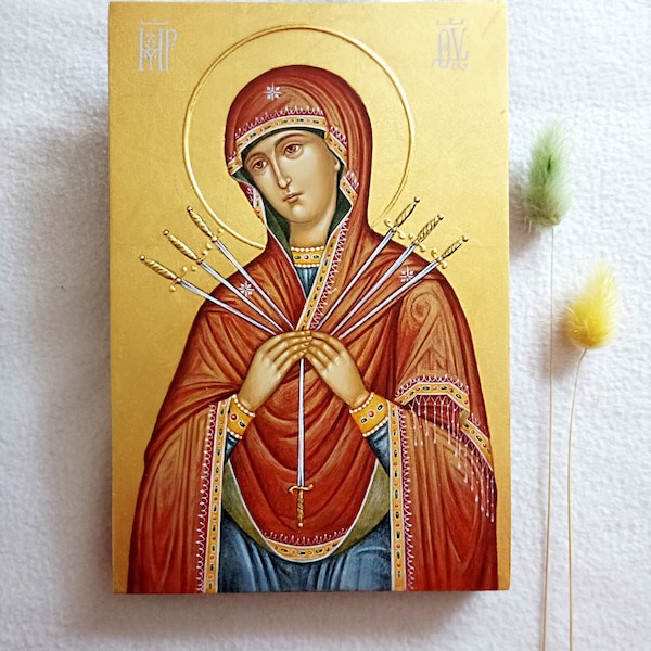 Ikone Unserer Lieben Frau, Ikone der Jungfrau Maria Sieben 7 Schwerter, 100% handbemalte griechisch-konventionelle byzantinische Holzikone, 23K Gold