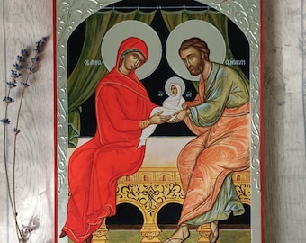 The Holy Family (St.Joachim, St.Anne, and Virgin Mary), 100% Handpainted Orthodox Byzantine wooden Icon, 6K Gold
