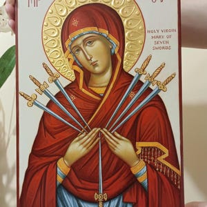 Our Lady of Sorrows icon, Virgin Mary icon Seven 7 swords, 100% Handpainted Greek Orthodox Byzantine wooden Icon, 23K Gold