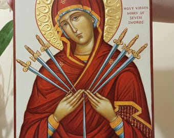 Our Lady of Sorrows icon, Virgin Mary icon Seven 7 swords, 100% Handpainted Greek Orthodox Byzantine wooden Icon, 23K Gold