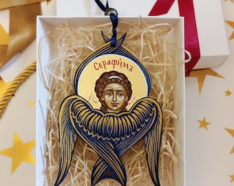 Car charm hanging, Angel Wooden Souvenir, 100% hand painted, Gilding, angel Cherub and Seraph, Six-winged Angel
