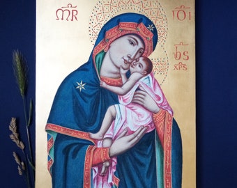 Madonna del Carmine "La Bruna", 23K Gold, 100% handpainted icon, Our Lady, Madonna with Child, Theotokos icon, Virgin Mary Italo-Cretan icon