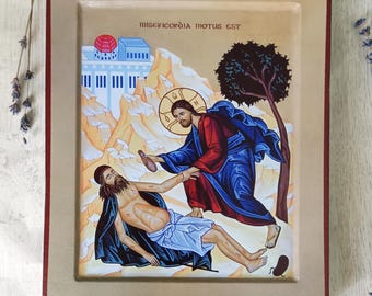 Handmade CHRISTUS MEDICUS Icon Print, Good Samaritan Icon Replica, Orthodox Wall Art (24х20cm)