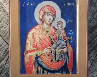 Handmade Saint Anna with the Little Virgin Mary Icon, print, replica, Agia Anna, Greek icon of Saint Anne