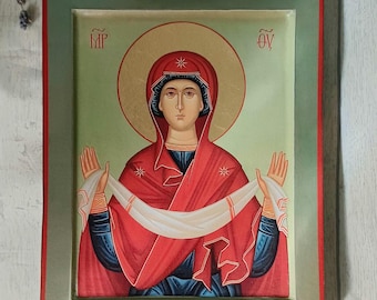 Handmade Our Lady of the Sign Icon replica, Theotokos Virgin Mary Print, Orthodox Religious Art (25x20cm)