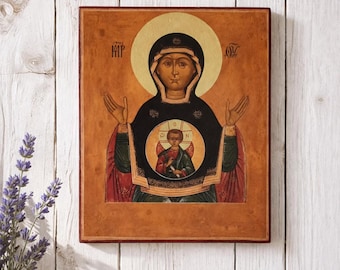 Handmade Our Lady of the Sign Icon replica, Theotokos Virgin Mary Print, Orthodox Religious Art (24x20cm)