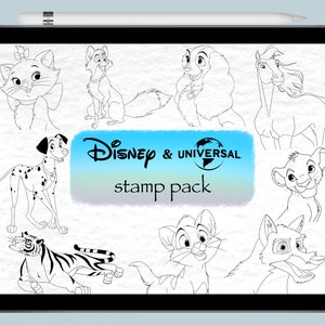 Peut inclure: Illustrations en noir et blanc de personnages Disney et Universal, notamment La Belle et le Clochard, Le Roi Lion et Les Aristochats. Le texte "Disney & Universal stamp pack" est au centre de l'image.