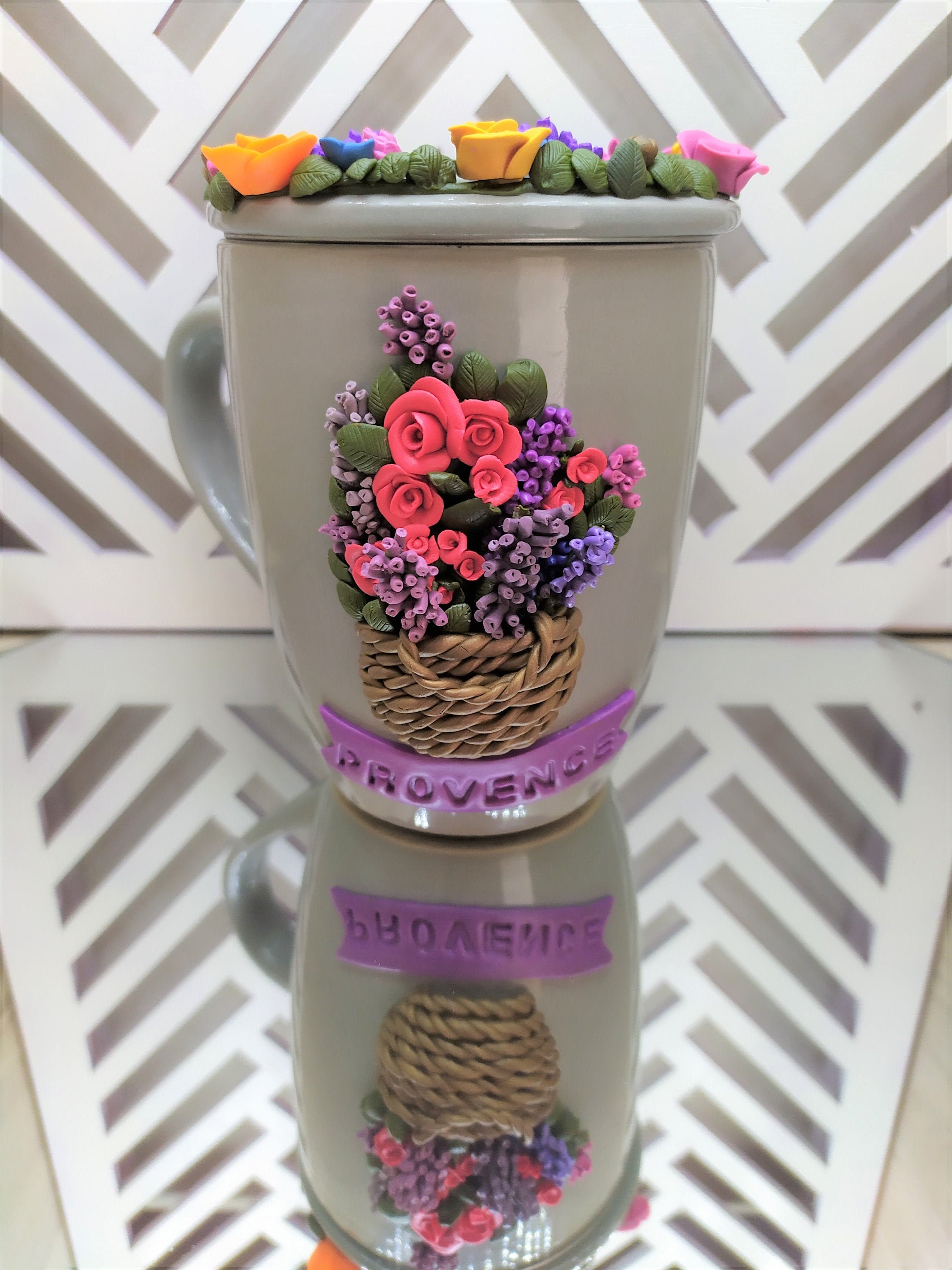 Mug à Thé Céramique Gris Provence Rose et Lavande en Pâte Polymère