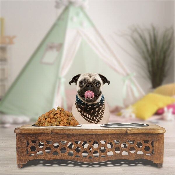 Handmade Mango Wood Elevated Double Pet Feeder with Geometric Honeycomb Cutouts   , Brown (Mango Wood)   Dimensions 19" x 9.5" x 5"