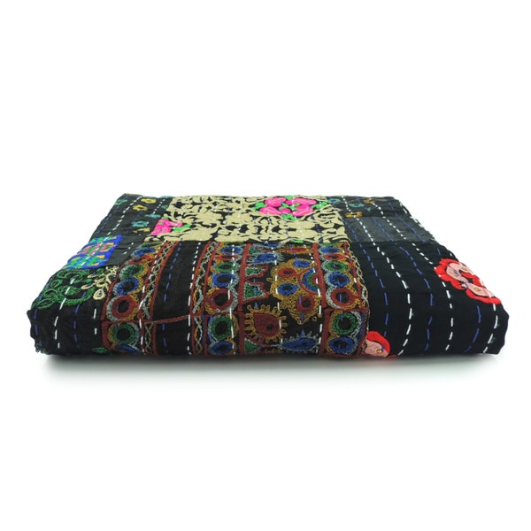 Dark Night Kantha Throw Blanket   , Black/Multi,  50" x 70" ,  Handmade