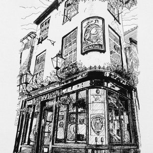 May include: Black and white ink drawing of a building with a sign that reads "The Nutshell". The building has a large window with people inside and a smaller window with a sign that reads "The Nutshell".