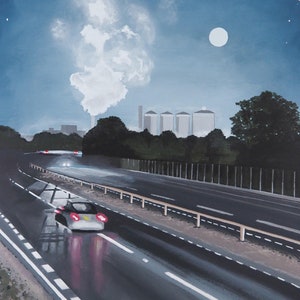May include: A painting of a motorway at night with a car driving on it. The sky is dark blue with a full moon and white clouds. There are tall buildings in the distance.