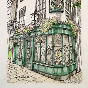 May include: A watercolour illustration of a pub called "The Nutshell" with a green awning and a sign featuring two birds. The pub has a large window with people inside. The building is surrounded by green foliage.