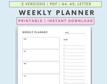 Printable Weekly Planner Template | Weekly To Do List | Weekly Organiser | Weekly Planner PDF | Weekly Checklist