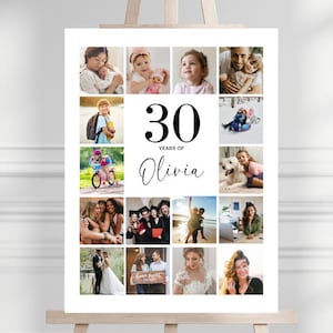 Può includere: Un cartello bianco su un cavalletto di legno con un collage di foto. Il cartello presenta il testo "30 Years of Olivia" in nero. Le foto mostrano varie persone ed eventi, tra cui bambini, adulti e scene all'aperto.