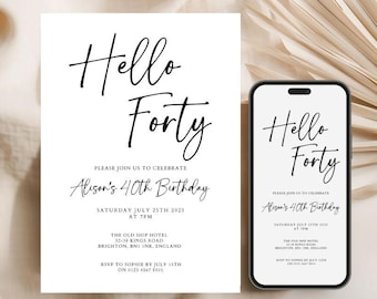 40th Birthday Electronic Invitation: Minimalist Evite, Editable Hello Forty Invitation Templates (Digital Download) - 759a