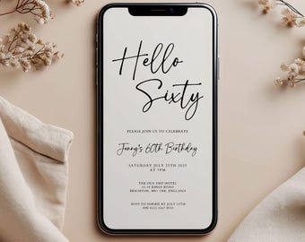 Bewerkbare elektronische uitnodiging 60e verjaardag: minimalistische zestigste verjaardag Evite (digitale download) Hello Sixty - 791a