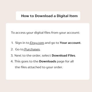 May include: A white rectangular graphic with the text "How to Download a Digital Item." Instructions are listed below, including steps to access digital files from an Etsy account, such as going to Purchases and selecting Download Files.