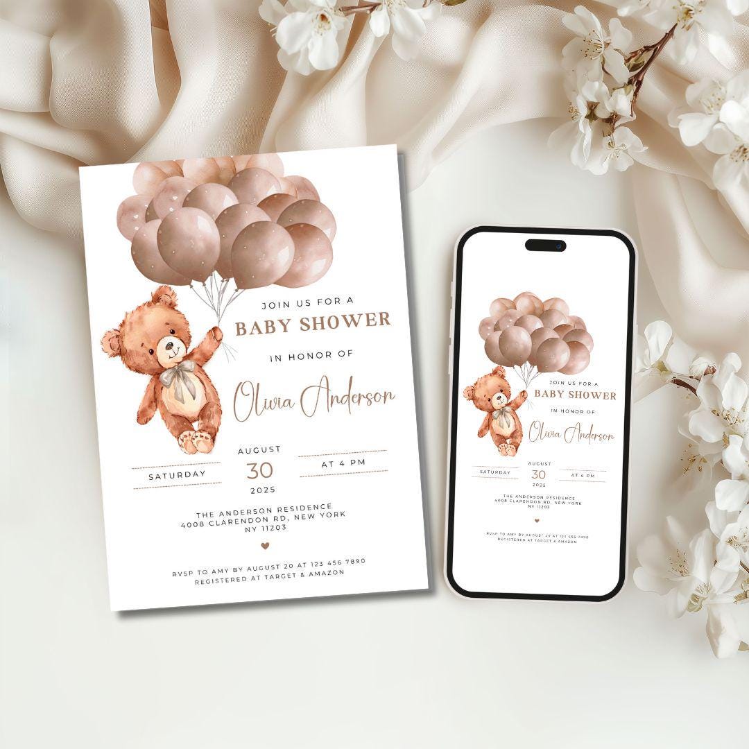 Teddy Bear Baby Shower Invitation: Editable Canva Template (digital ...