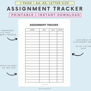 Printable ASSIGNMENT TRACKER Template Homework Tracker Student Journal ...