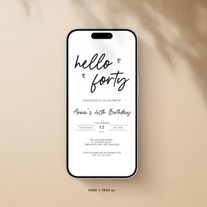 May include: A smartphone displays a digital invitation with the text "hello forty" and "Anna's 40th Birthday." The invitation is in black script on a white background. The phone is set against a neutral, light-colored backdrop.