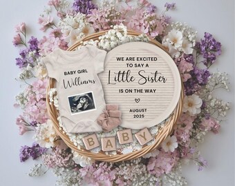Baby Girl Pregnancy Announcement: Social Media Baby Reveal, Little Sister on Way, Editable Canva Template (Digital Download)