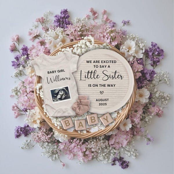 Anuncio de embarazo de niña: Revelación de la noticia en redes sociales, ¡Llega una hermanita! Plantilla editable de Canva (descarga digital).