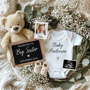 Modello di annuncio di gravidanza digitale / Annuncio di genere neutro / Annuncio modificabile del numero 2 del bambino sui social media / Promossa a sorella maggiore - 549a