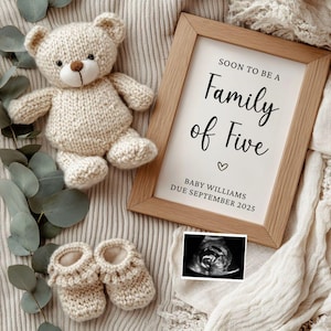 May include: A framed sign with the text "Soon to be a Family of Five" and the words "Baby Williams Due September 2025". The sign is surrounded by a knitted blanket, a knitted teddy bear, and a knitted baby bootie.