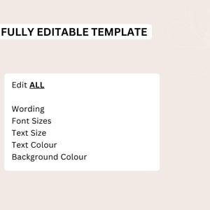 May include: A digital template with the text "FULLY EDITABLE TEMPLATE" in a white rectangle. Below, a white box lists editable features: wording, font sizes, text size, text color, and background color. The background is a light beige.