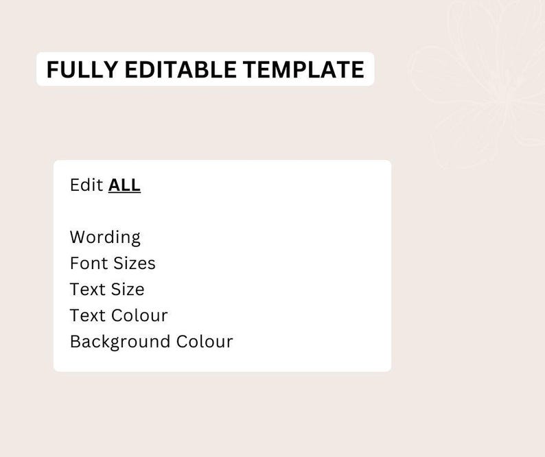 May include: A digital template with the text "FULLY EDITABLE TEMPLATE" in a white rectangle. Below, a white box lists editable features: wording, font sizes, text size, text color, and background color. The background is a light beige.