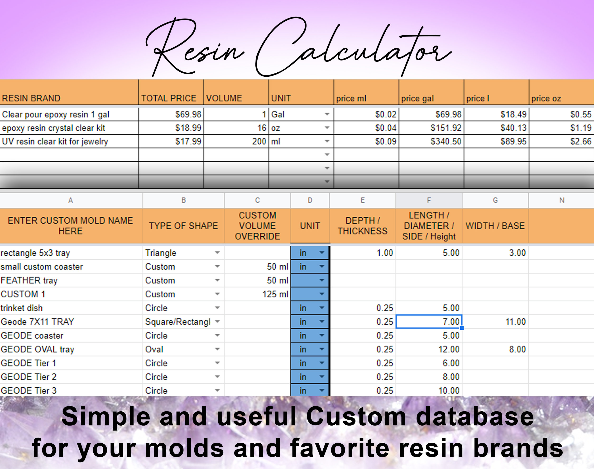 Epoxy Resin Calculator With Custom Molds Database Also Included is Project Cost Calculators