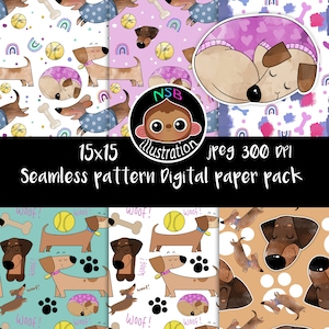 Cute Sausage Dog Digital Paper Pack , Dachshund Seamless Pattern, Weiner Doxie Decorative Paper ,15 inch scrapbook papers for Commercial Use