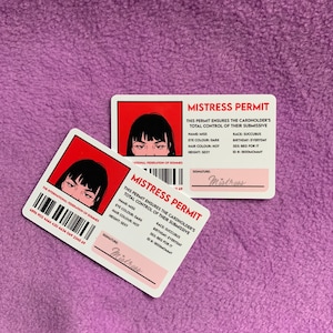 Mistress Permit Card 3 x 2 x 0.03 pastel plastic ID card