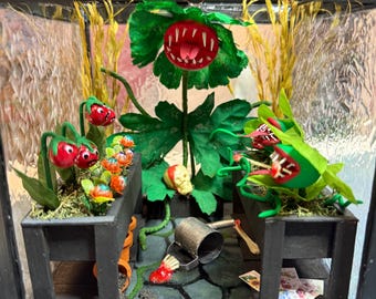 Carnivorous Plant Diorama – Spooky Miniature Greenhouse with LED Light, Gothic Halloween Display Box, One-of-a-Kind Decor