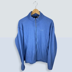 May include: A light blue fleece zip-up jacket with the Patagonia logo on the left chest.