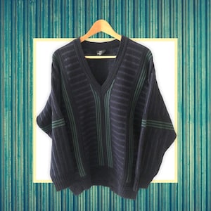 Fischer Modella 80s 90s vintage Tennis gestreifter Schurwolle Strick Pullover Knit sweater V Neck blau size L
