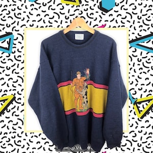 Jacques von Schiesser 80s 90s vintage Strickpullover mit Jäger mit Hund bestickt Wolle Alpaka blau size L