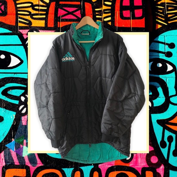 Adidas Equipment EQT Heavy 90s Vintage Winterjacke Spellout Mit Gesticktem Logo Front Back Schwarz Gruen Size M Etsy