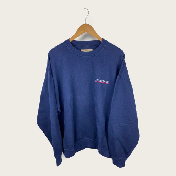 Jerzees Cotton Rich 90s y2k vintage Feuerwehr Pullover Sweatshirt mit Stickerei boxy blau size XL oversized