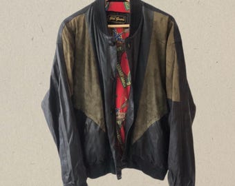Gino Ginero Leather International 80s 90s Vintage echt Lederjacke chaqueta de cuero genuino con coolem Muster und Bund braun schwarz talla L