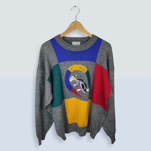 May include: A grey, blue, green, yellow and red colour block jumper with a cartoon turtle graphic and the text "Le Turtle Vert" and "MAR" on the front.