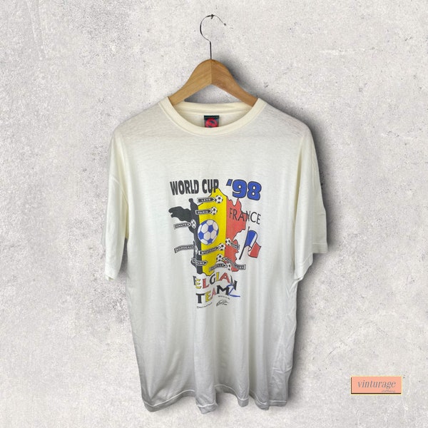 Qualy-T 90s vintage T-Shirt world cup 98 frankreich fussball belgian team weiss size M