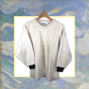 Original 80s 90s vintage Strickpullover Norweger knit sweater mit coolem Zopfmuster Made in England weiss melliert grün size L oversized