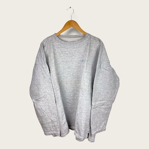 May include: A grey long-sleeved sweatshirt with a crew neck.