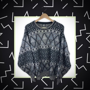 Monte Carlo 80s 90s vintage crazy pattern Strickpullover knit sweater mit Karomuster cosby style mit Lammwolle grau schwarz size M oversized