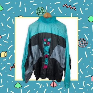 Rare NIKE 80s 90s vintage Trainingsjacke Track Jacket -There Is No Finish Line- mit gesticktem Slogan schwarz blau neon size XL oversized