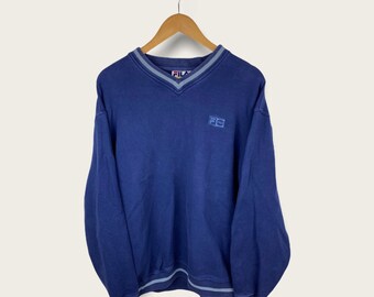 Suéter vintage FILA 90s y2k sudadera bordada con logotipo bordado y cuello en V azul talla blanca L