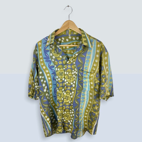 Crazy Pattern 80s 90s vintage Kurzarm Hemd mit coolem floralen mandala mosaik Muster blau grün size L