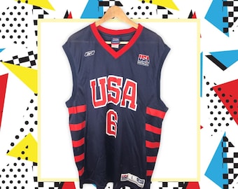 Reebok 90s vintage USA National Team Basketball Jersey Trikot vom NBA All Star Player Tracy McGrady Number 6 mit Stick und Print blau size L